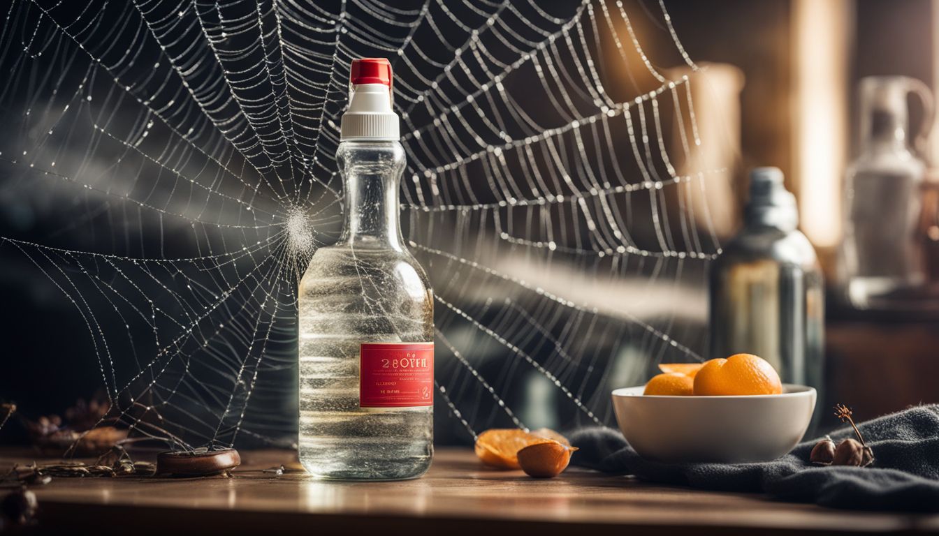 A spray bottle of alcohol-water solution near a spider web and household items.