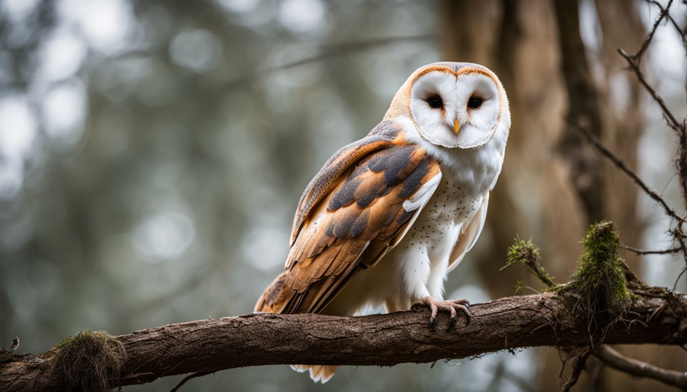 A barn owl perched on a tree branch with spider webs in the background.