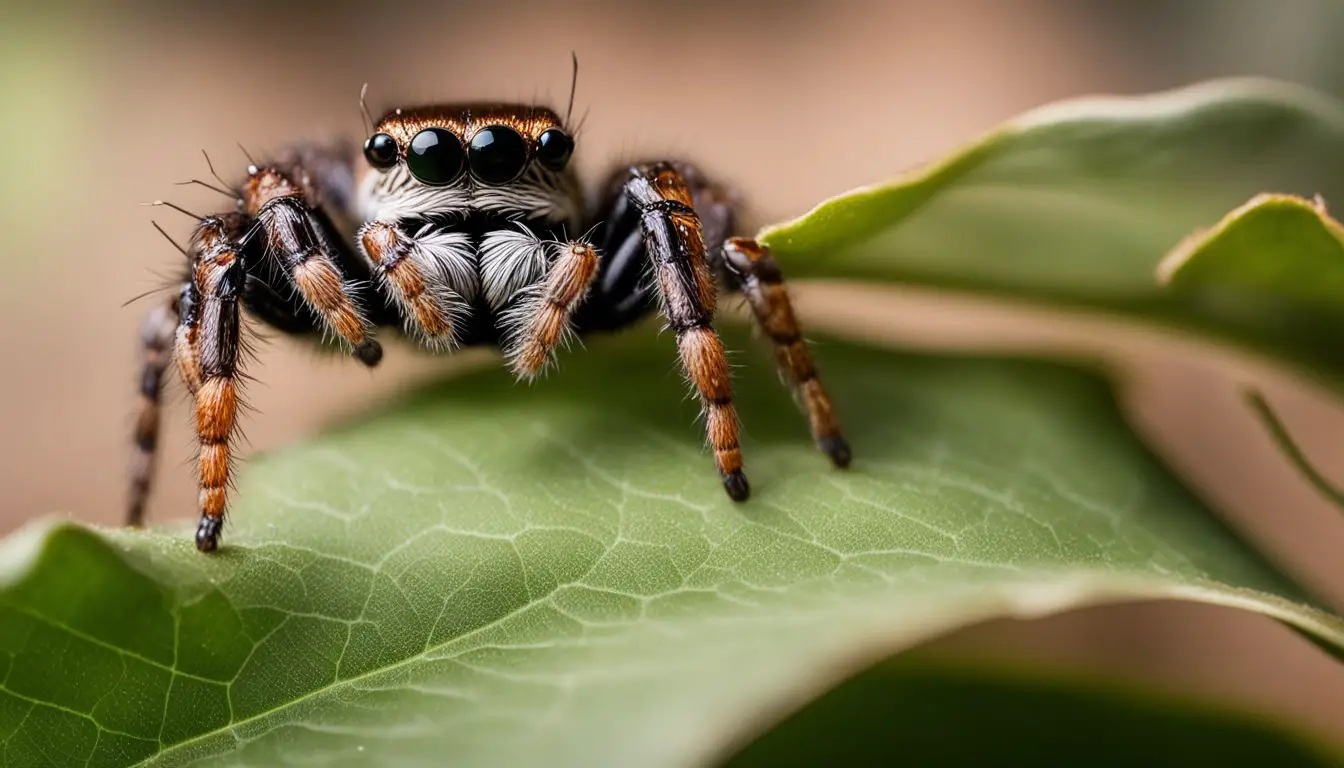 A jumping spider catches and eats an ant on a leaf.
