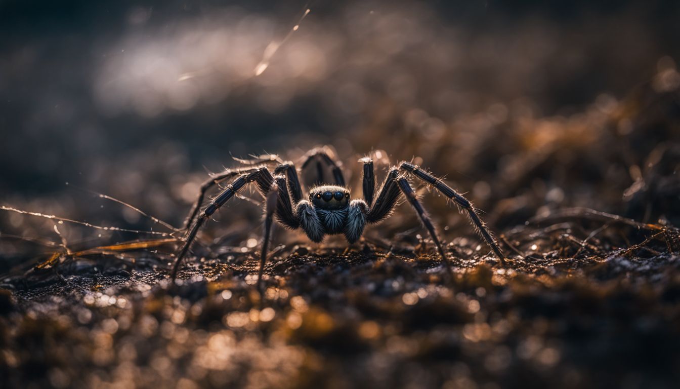A close-up of spider waste next to a spider web in a dark, damp environment.