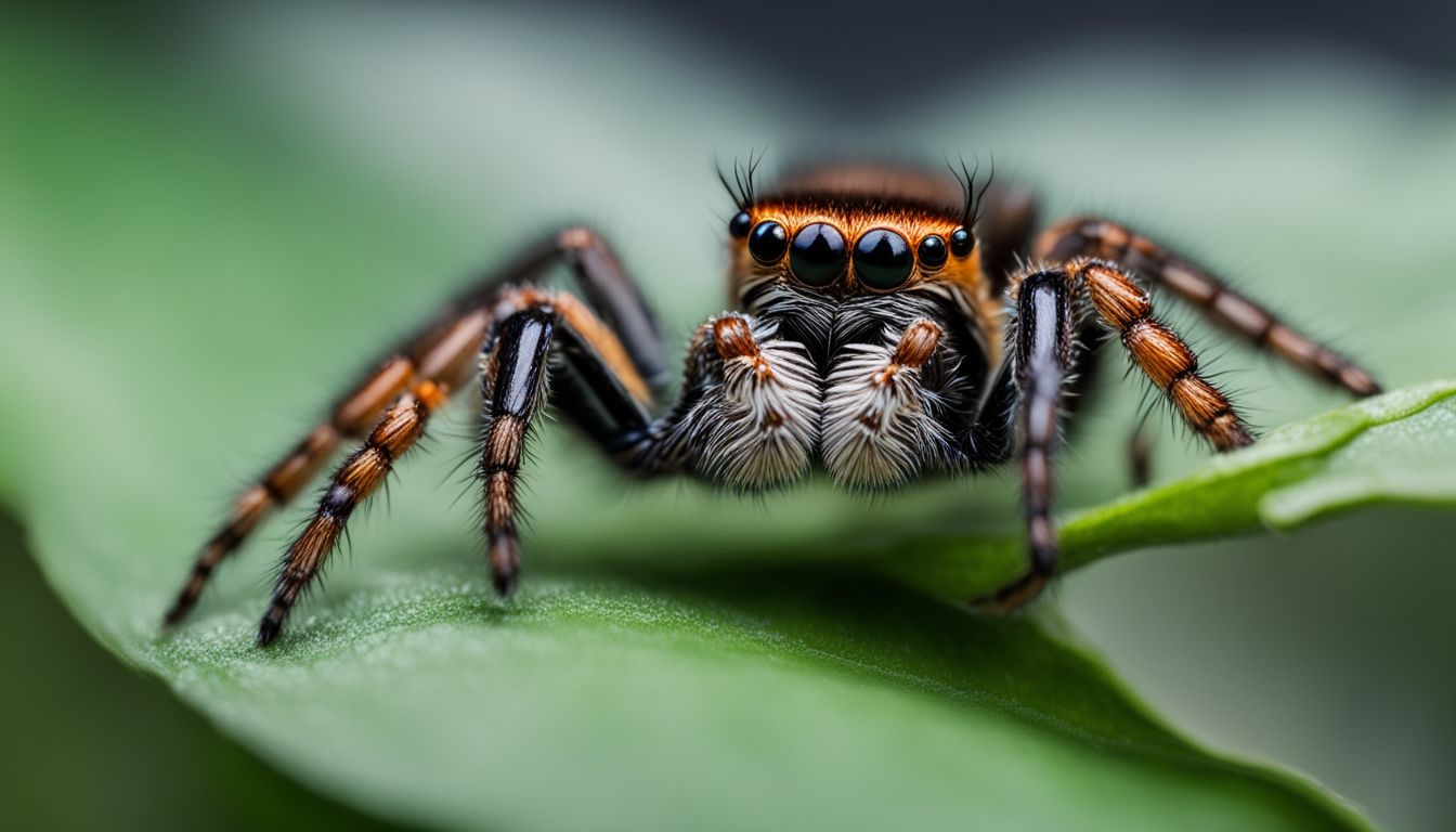 A jumping spider feeding on a dead insect on a leaf.