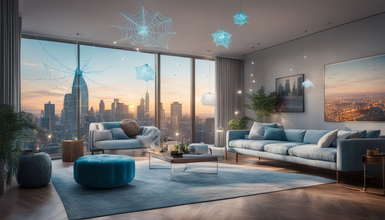 A light blue living room with bustling atmosphere and diverse people.