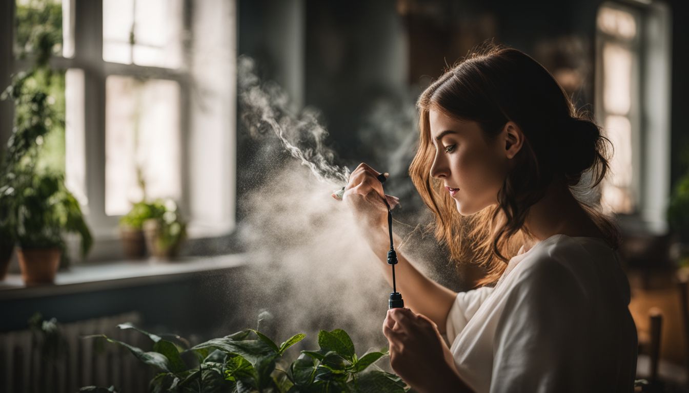 A person uses natural essential oil spray to repel spiders at home.