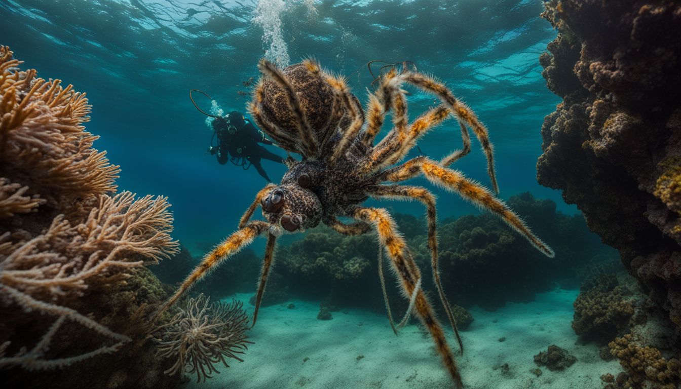 A diver peacefully observes a sea spider on the ocean floor.