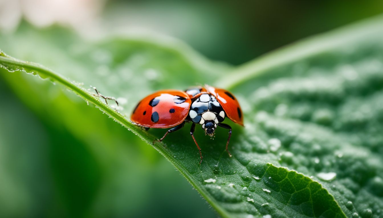 A close-up photo of a ladybug surrounded by aphids on a leaf.