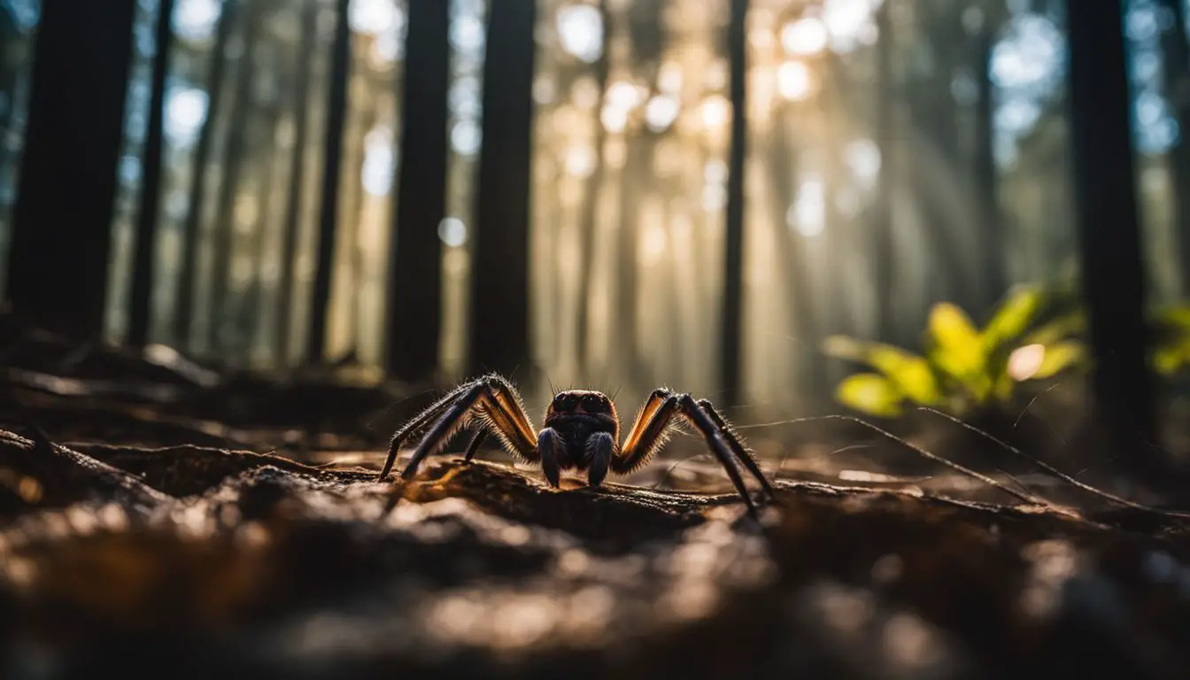 A spider crawls on a web in a forest, captured in wildlife photography.