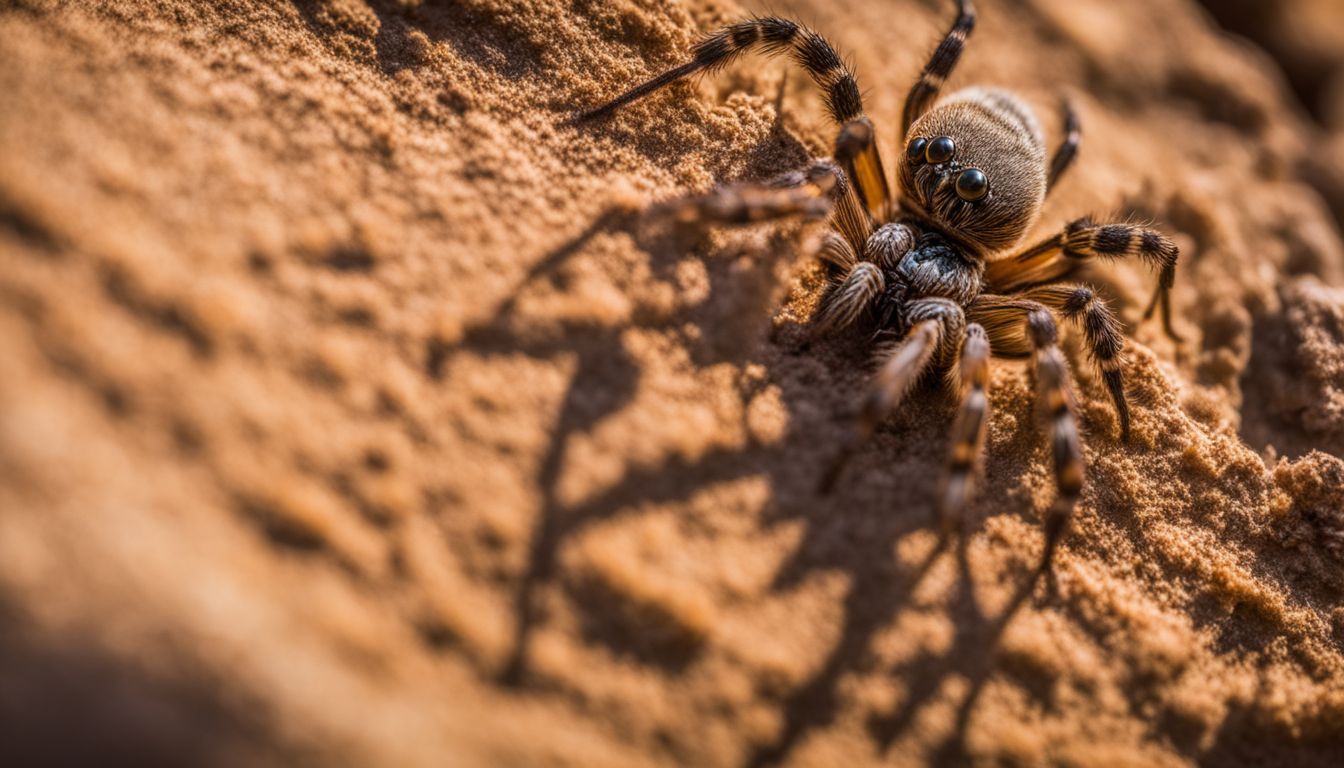 A sun spider camouflaged in a desert habitat, captured in a detailed wildlife photograph.