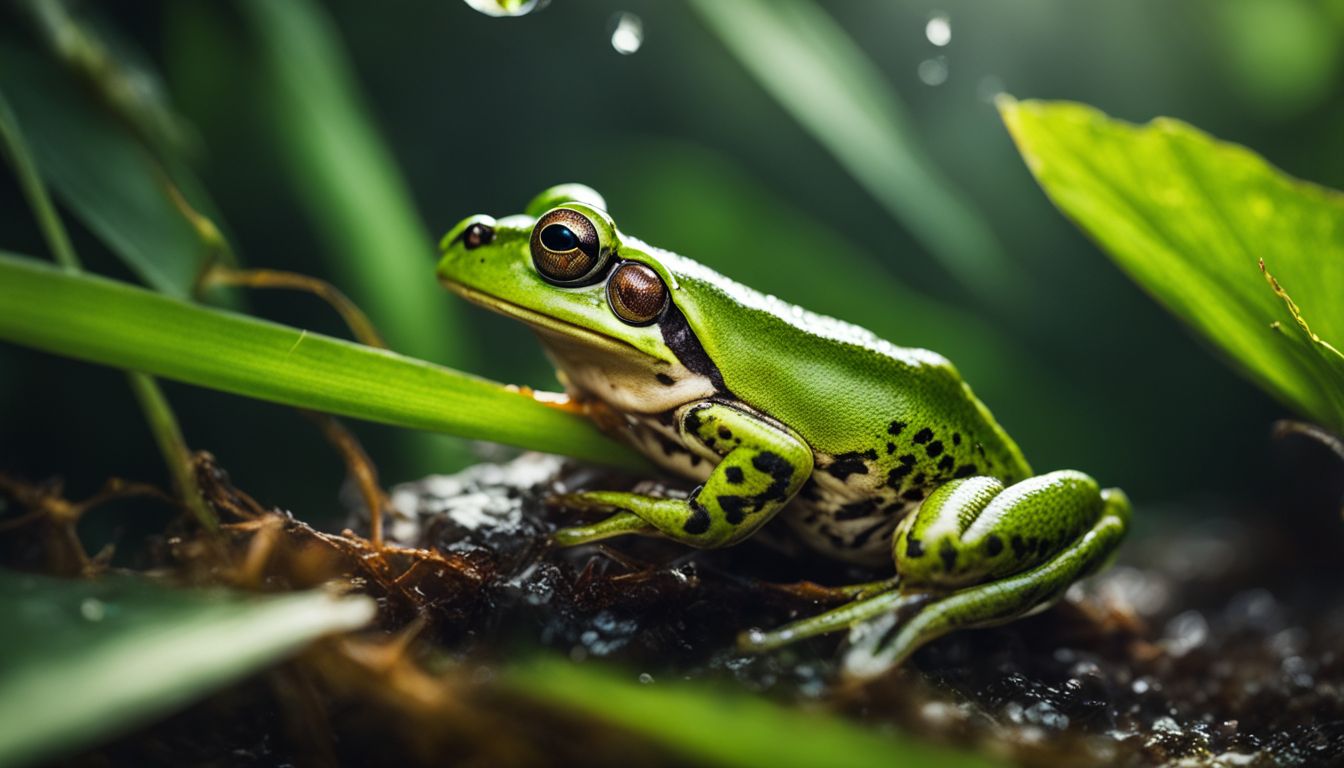 A frog catching a spider in a lush, green habitat.