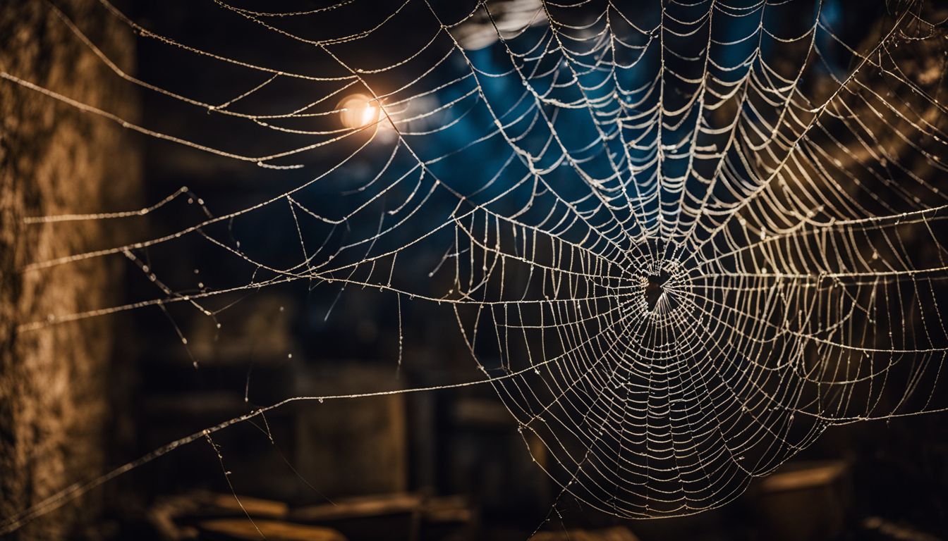 A spider web sprayed with bleach in a dimly lit basement.