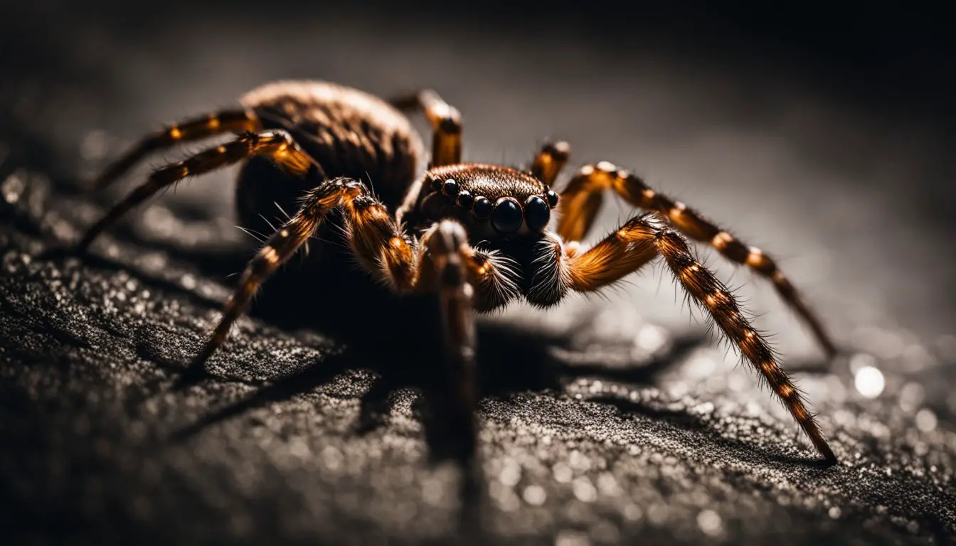 A spider illuminated by a beam of light in a dark environment.
