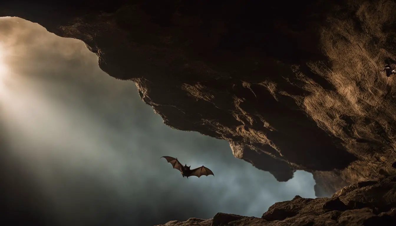 A bat hunting a spider in a dark cave captured in a photo.