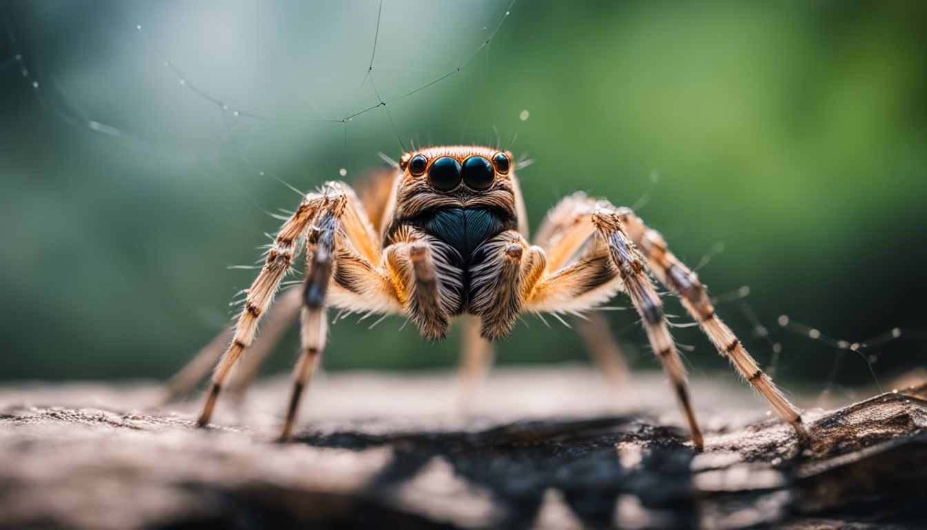 A close-up photo of a spider in its web wearing its exoskeleton.