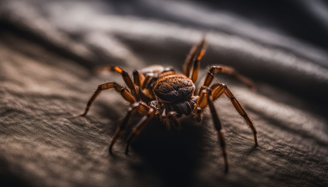 A spider capturing a bed bug in a cluttered bedroom.