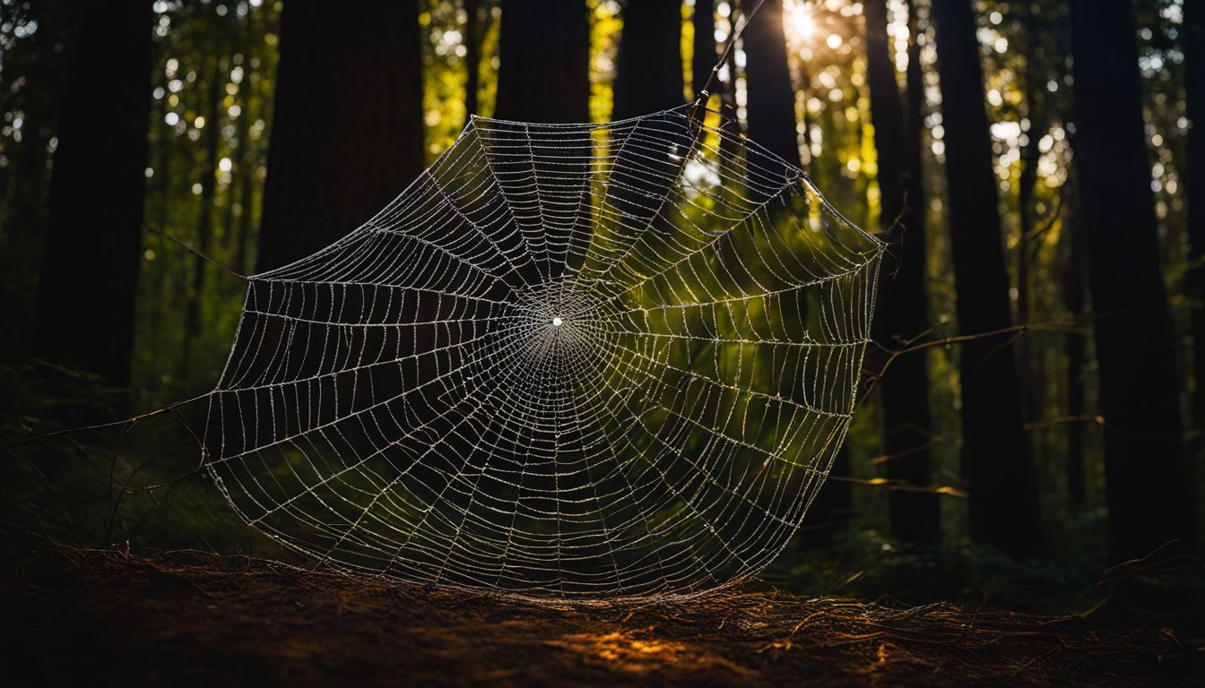A spiderweb illuminated by a lantern in a dark forest.