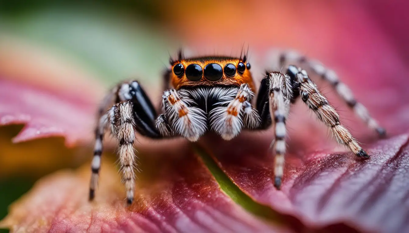 A jumping spider perched on a colorful leaf in vibrant foliage.