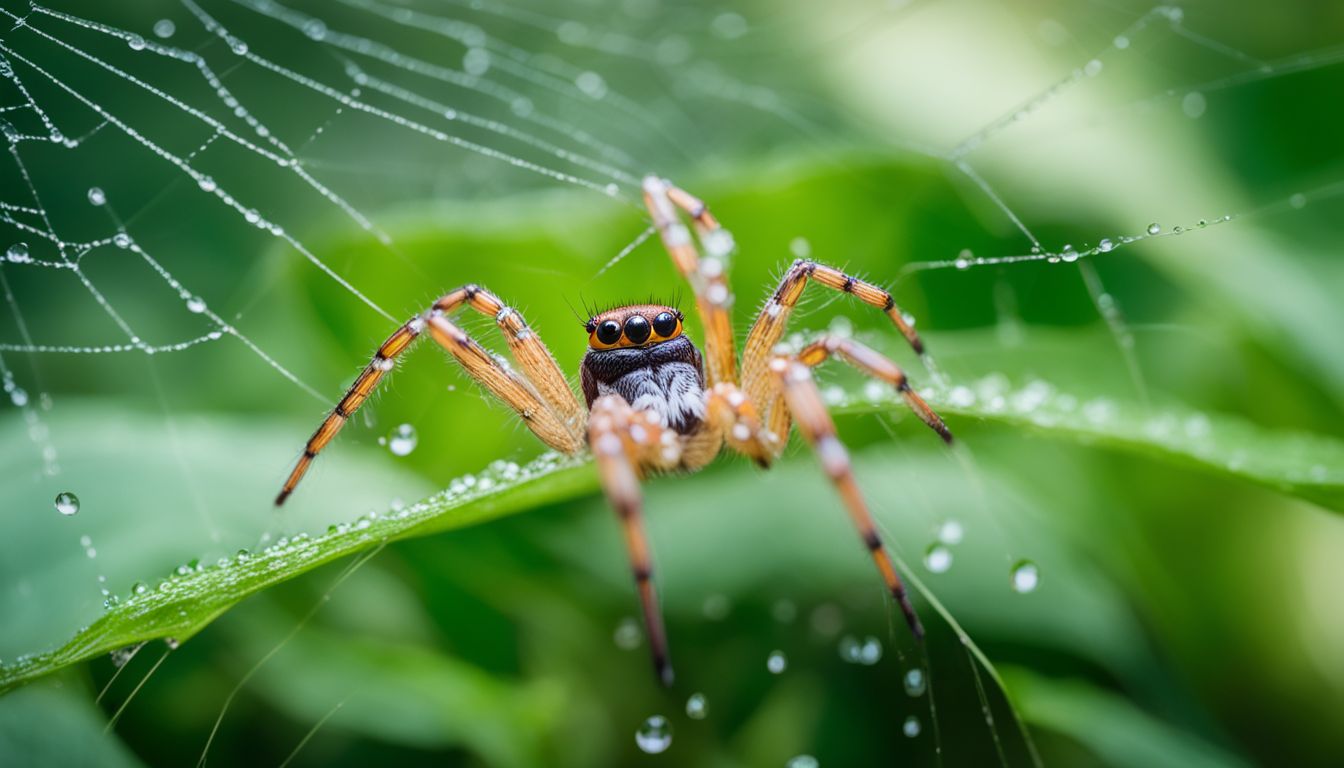 A spider collecting water droplets on its web in a lush garden setting.
