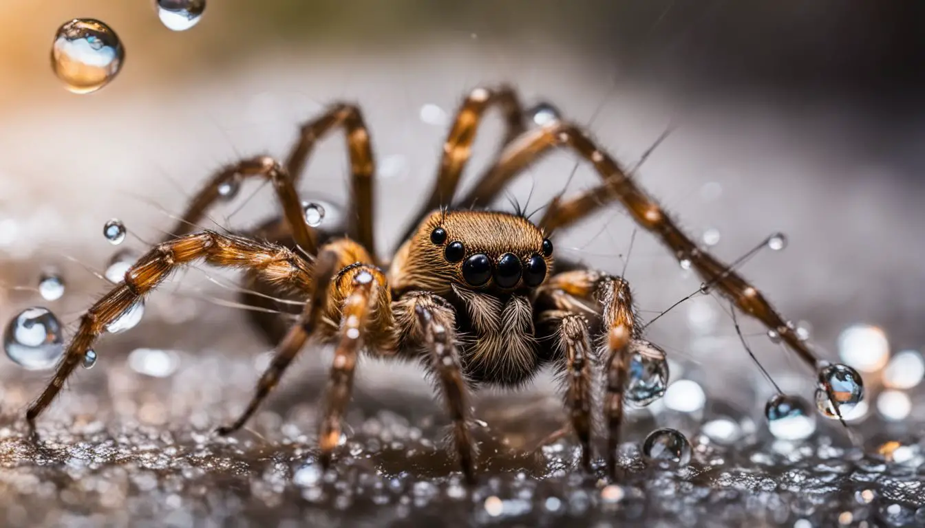 A spider delicately sips water droplets from its glistening web.