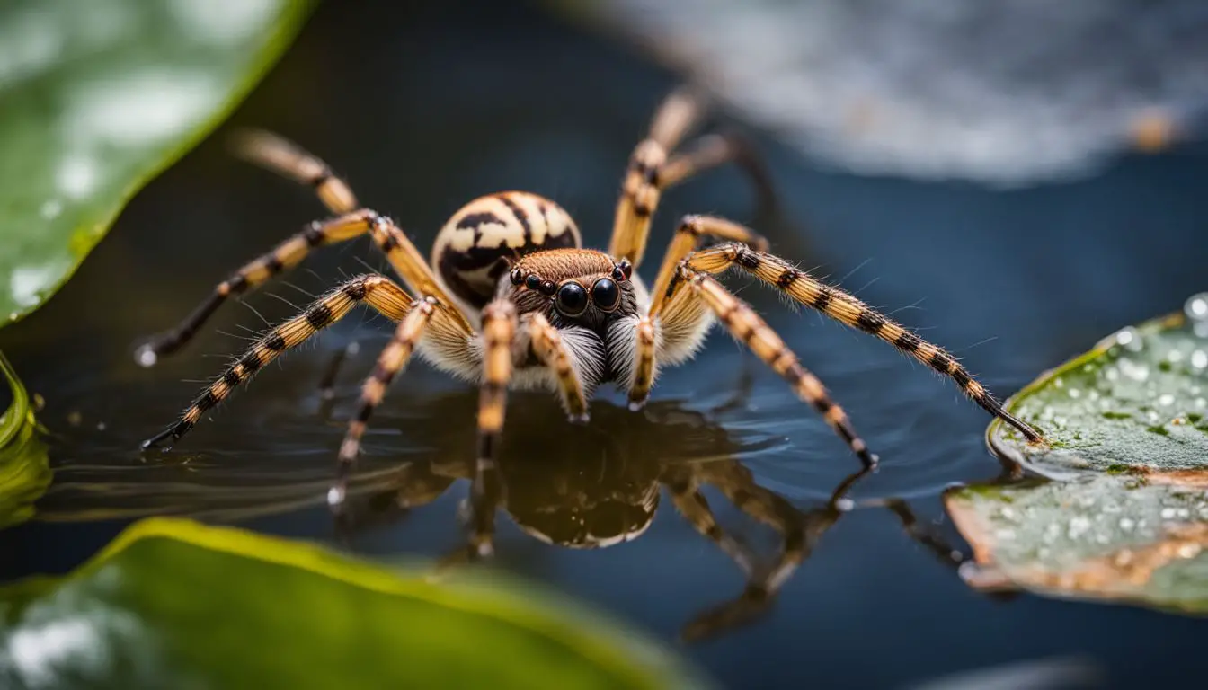 A spider gracefully gliding on the water surface in a natural pond.