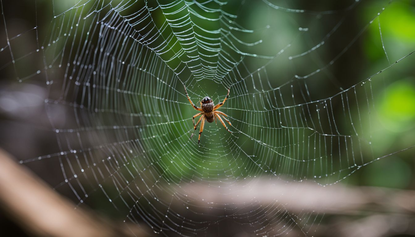 A spider weaving its web in a dense forest captured in a wildlife photograph.