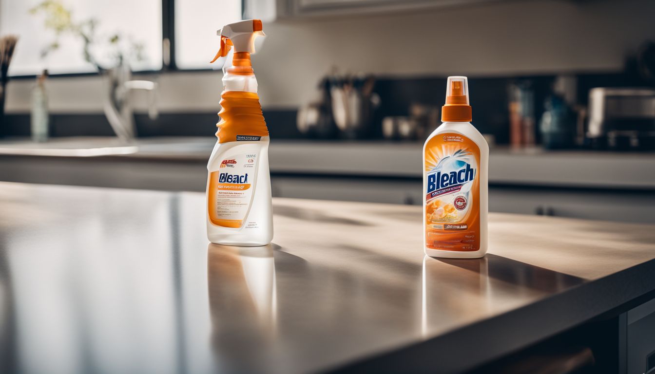 A spray bottle of bleach solution on a clean kitchen counter.