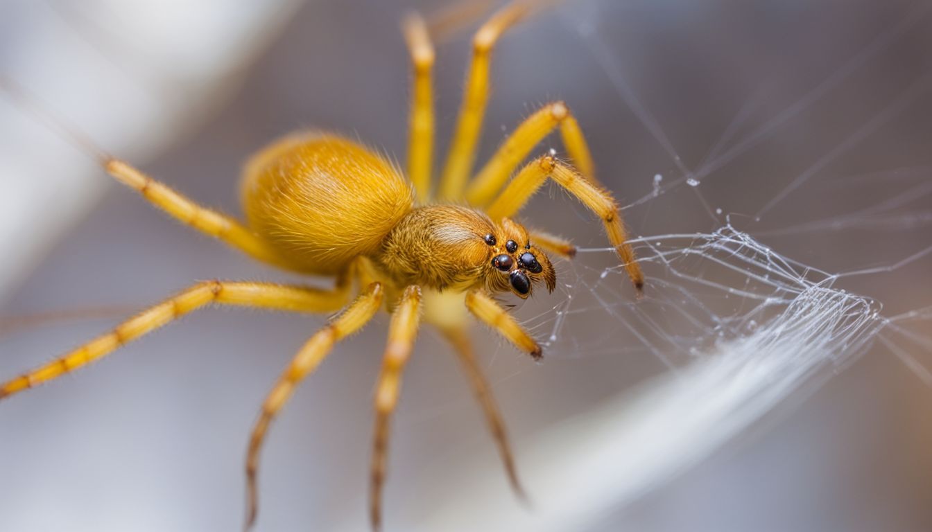 A close-up photo of a yellow sac spider in its tube-like sac.