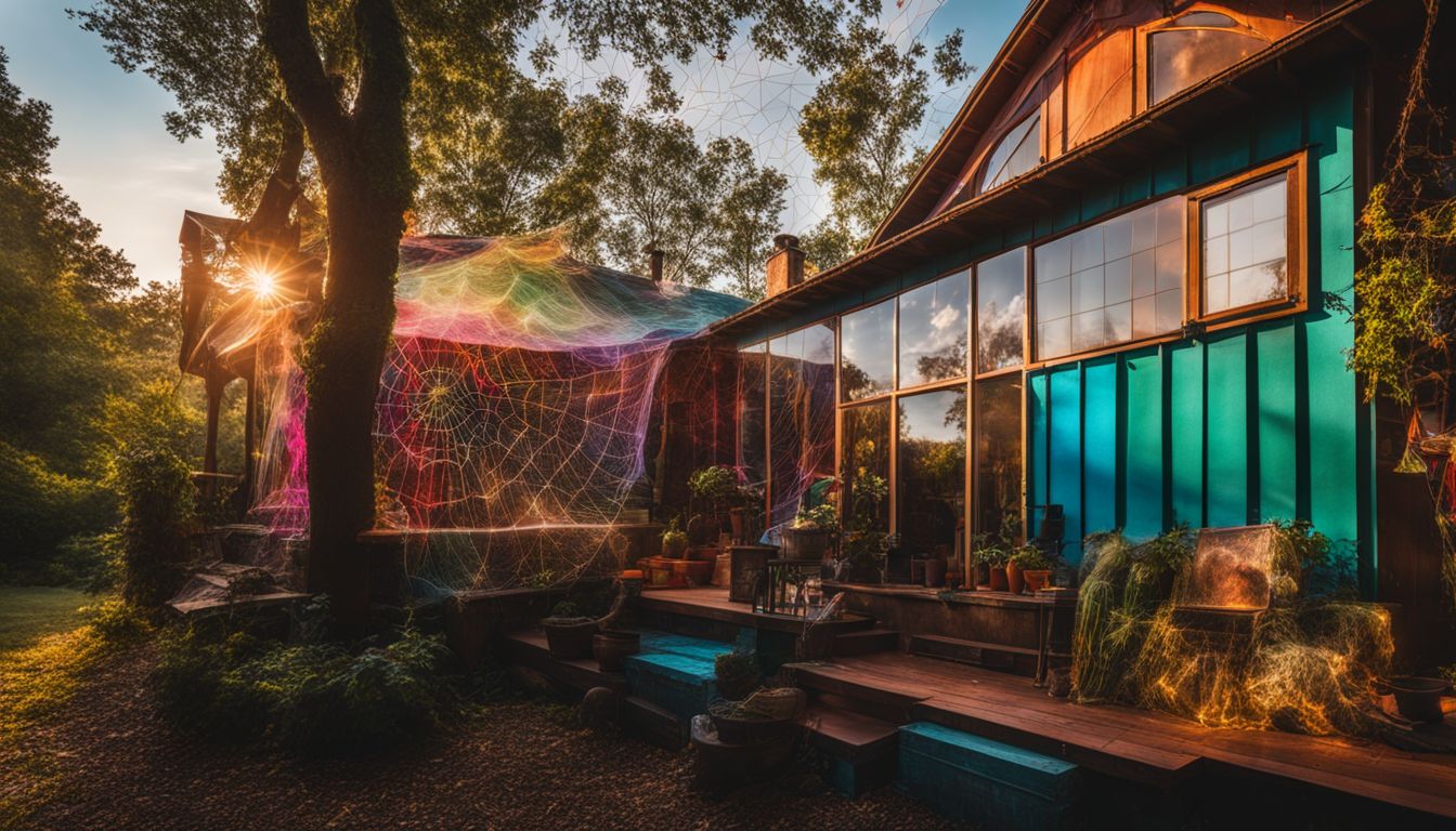 A home covered in colorful Joro spider webs with different people.