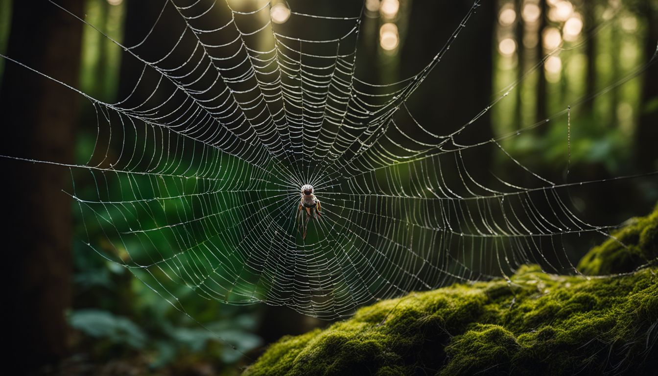 A spider weaving a delicate web in a mystical forest.