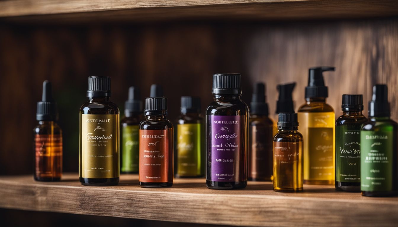 A shelf in a basement with essential oils and vinegar spray bottle.