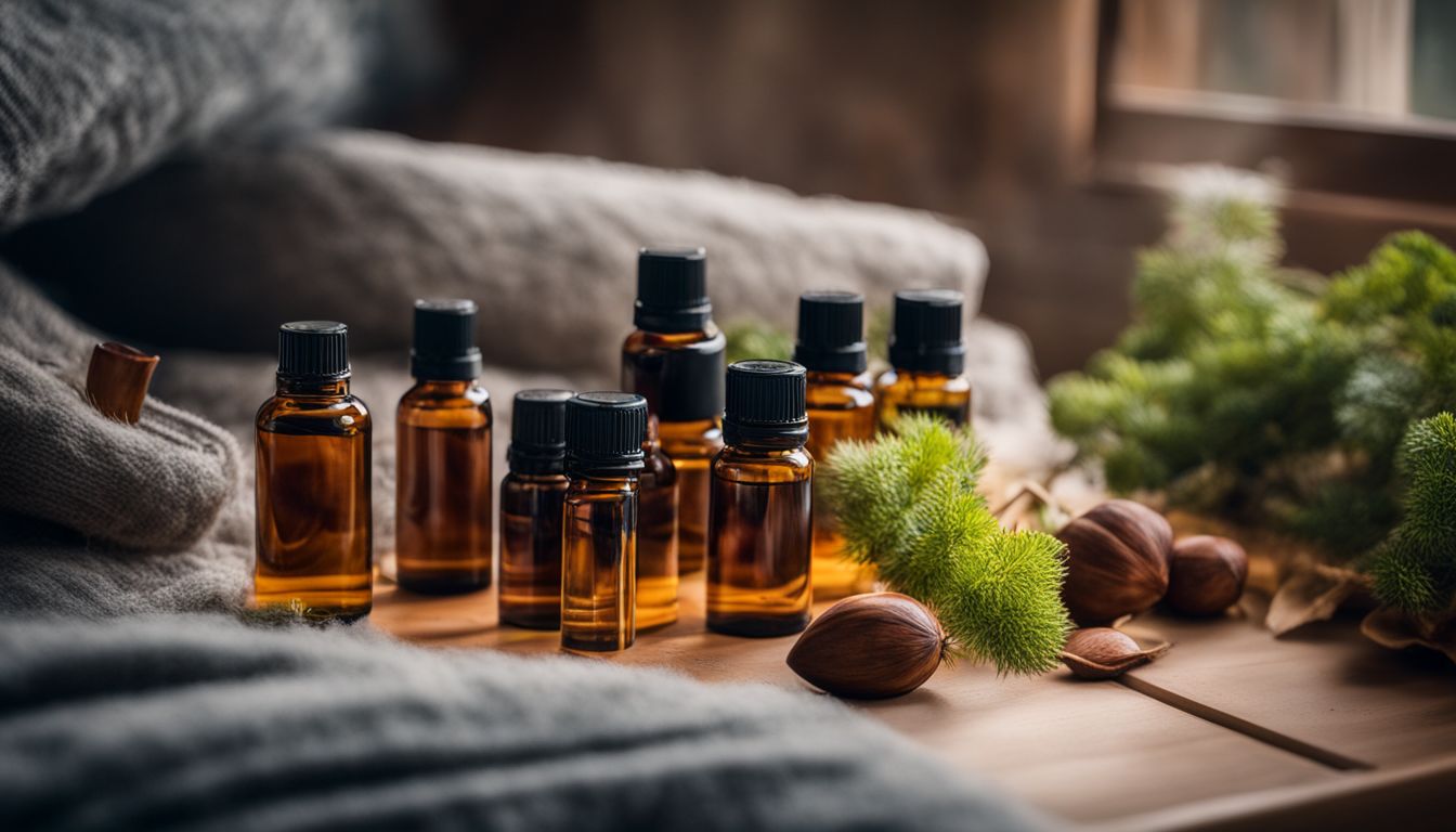 A cluster of spider repellent essential oils and chestnuts in a cozy bedroom.