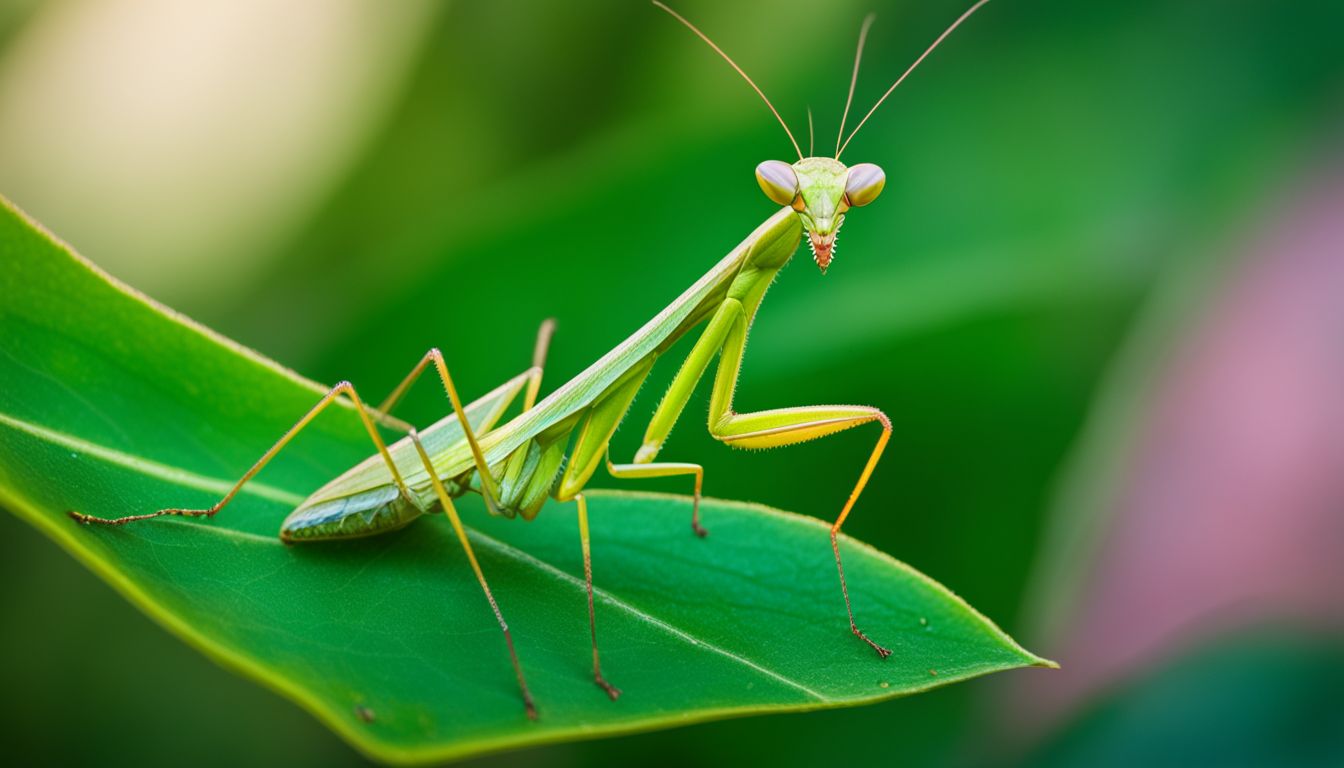 A praying mantis perched on a green leaf in a garden.