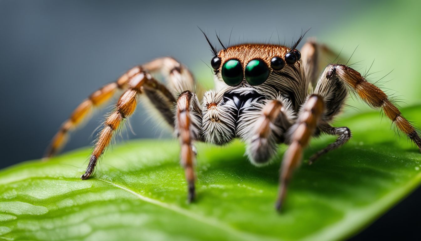 A jumping spider hunts a fly on a vibrant green leaf.