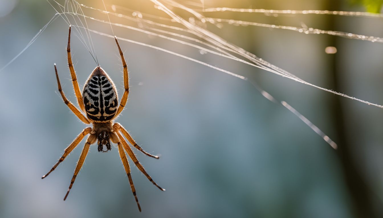 A spider hanging from its silk thread in a forest.