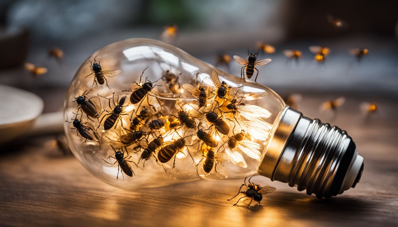 A photo of an LED light bulb with insects flying around.
