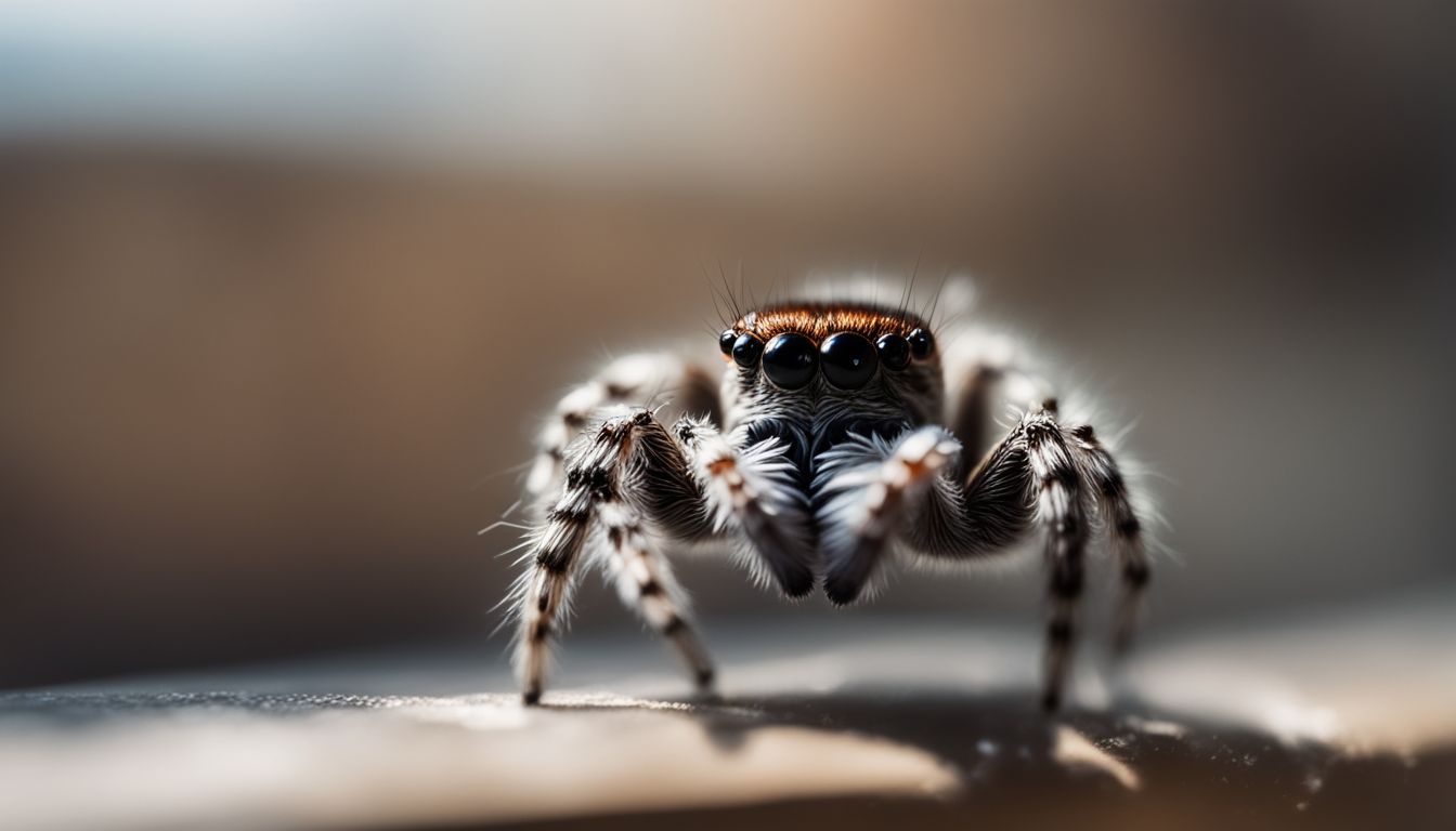 A close-up shot of a jumping spider on a window sill surrounded by cobwebs.