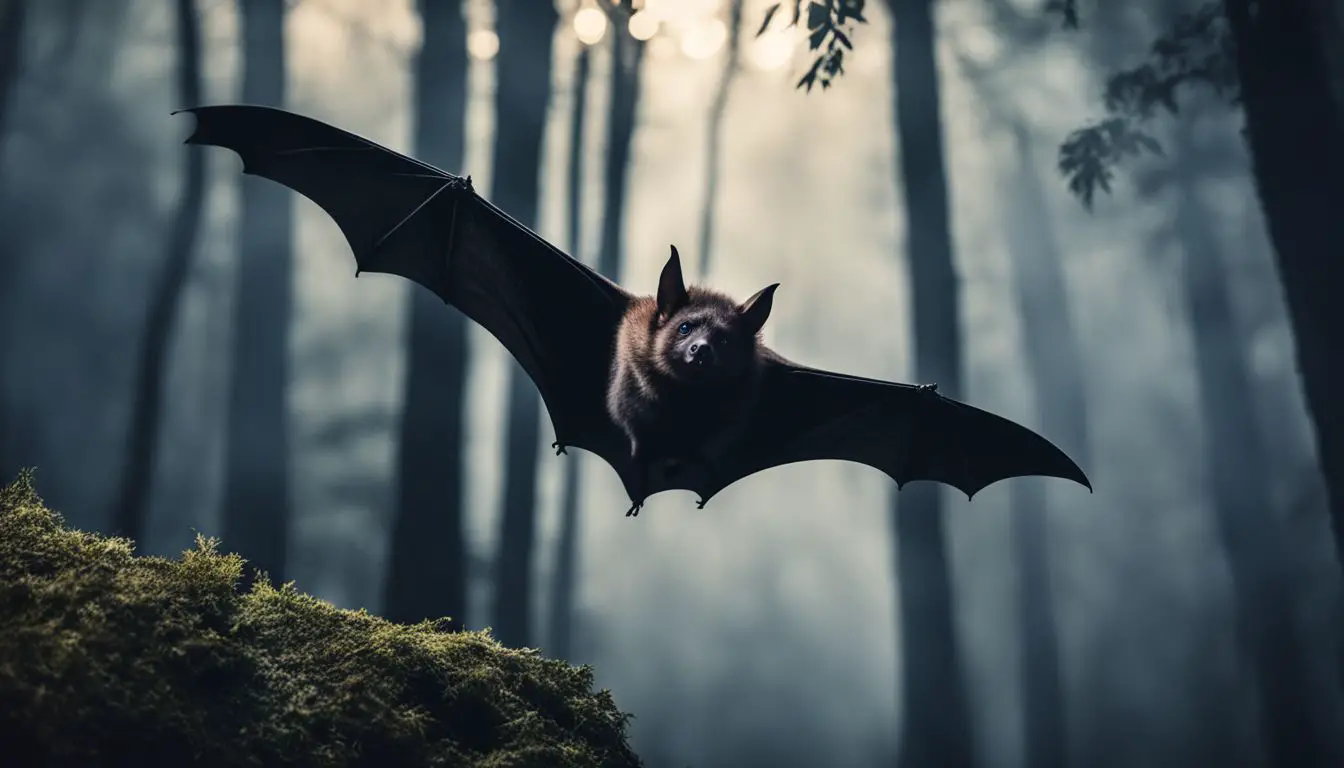 A bat flying through a moonlit forest captured in wildlife photography.
