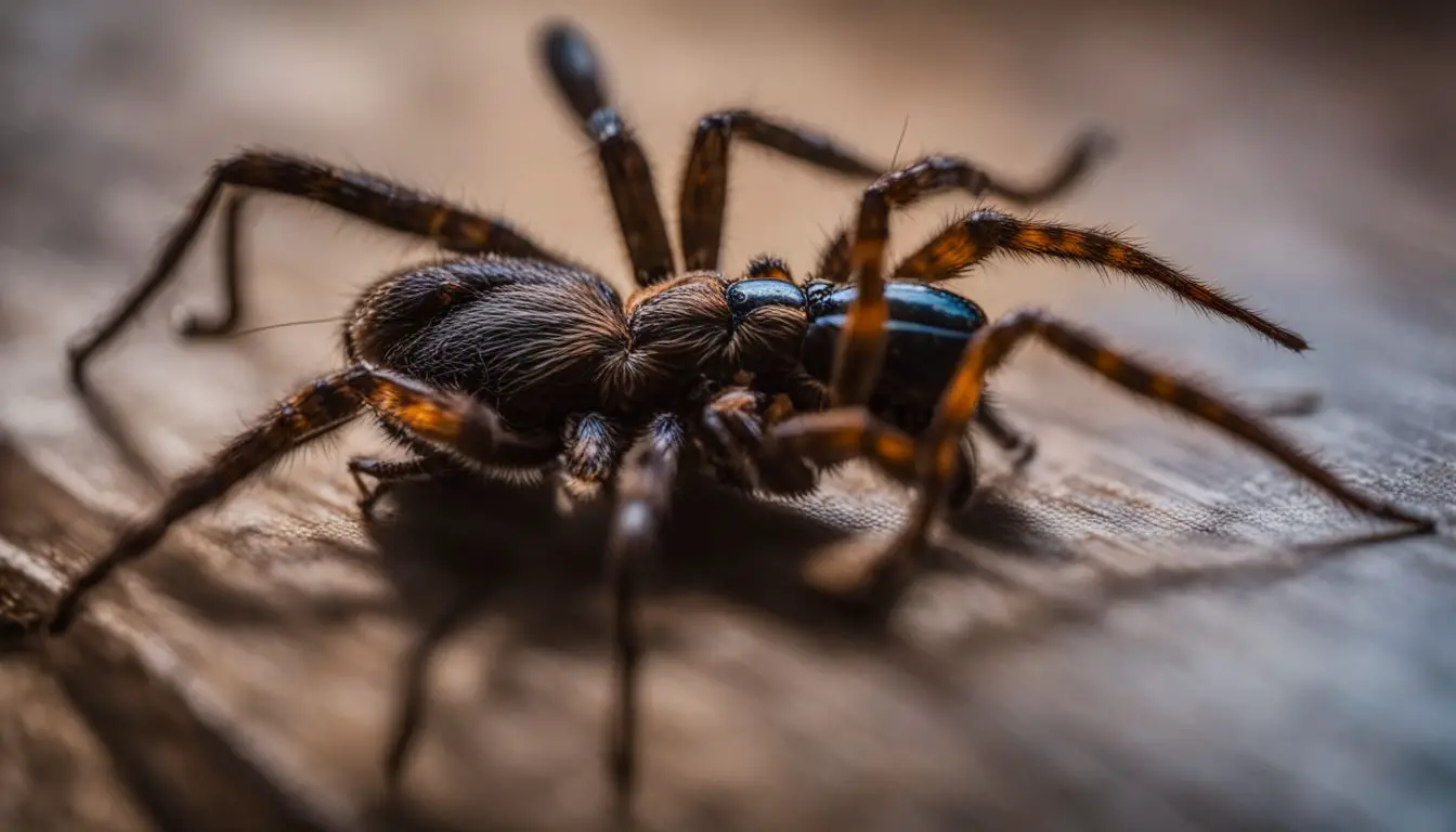 A Wolf spider hunts a cockroach in a well-lit kitchen.