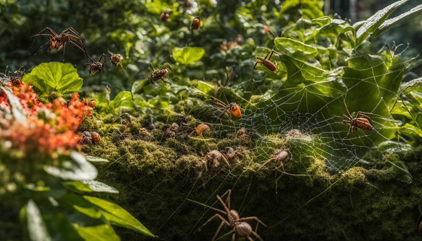 Various spider species preying on stink bugs in a vibrant garden.