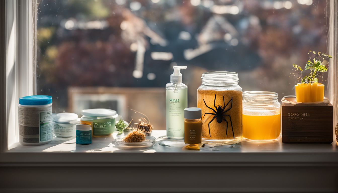 A spider crawls on a window sill surrounded by spider control products.