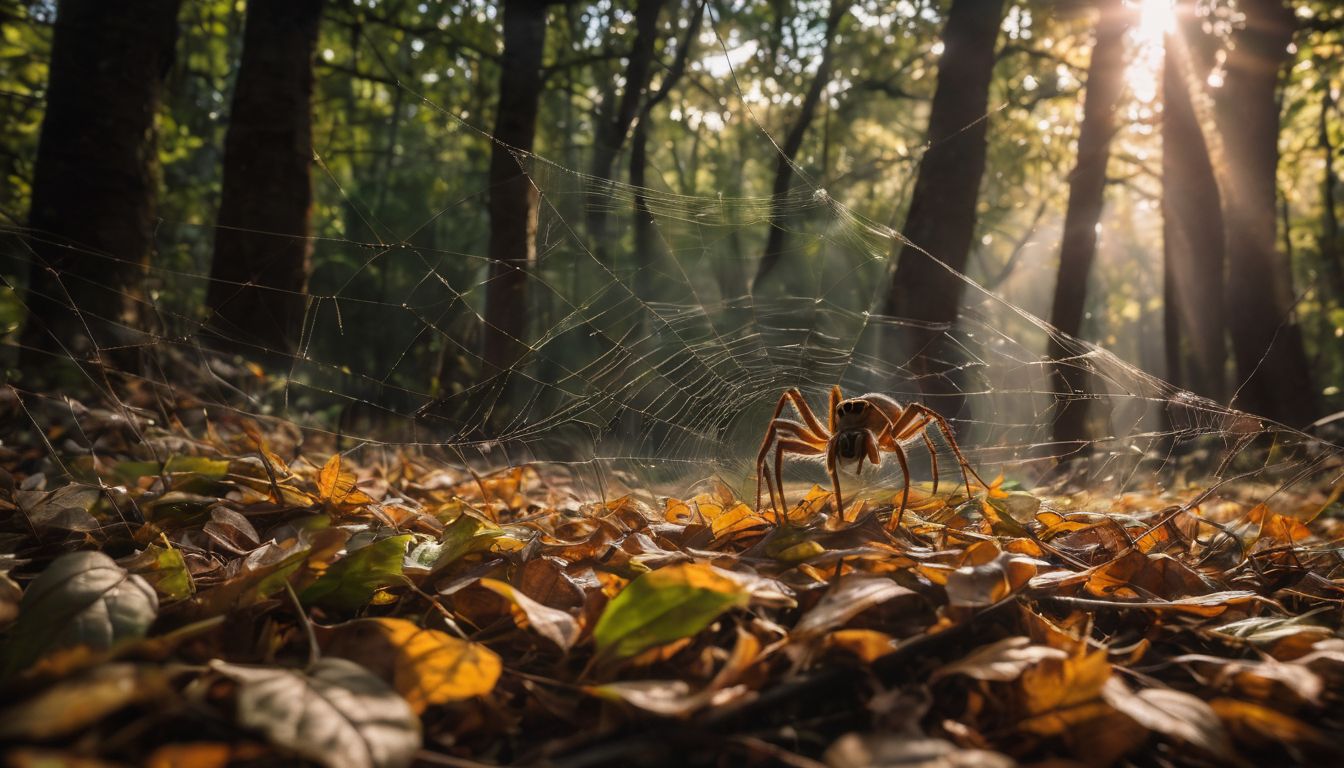 A group of spiders gathering in their web among the leaves.