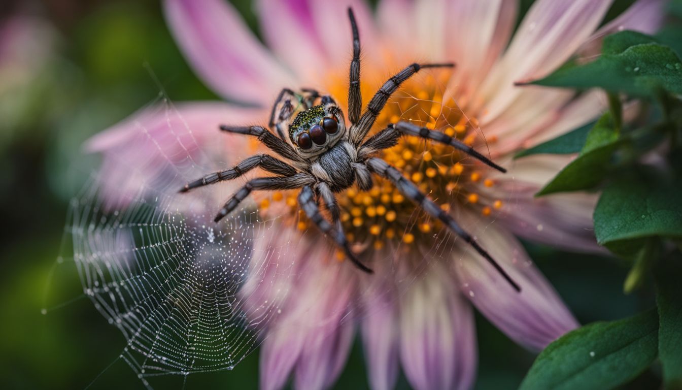 A spider weaving its web among flowers in a garden.