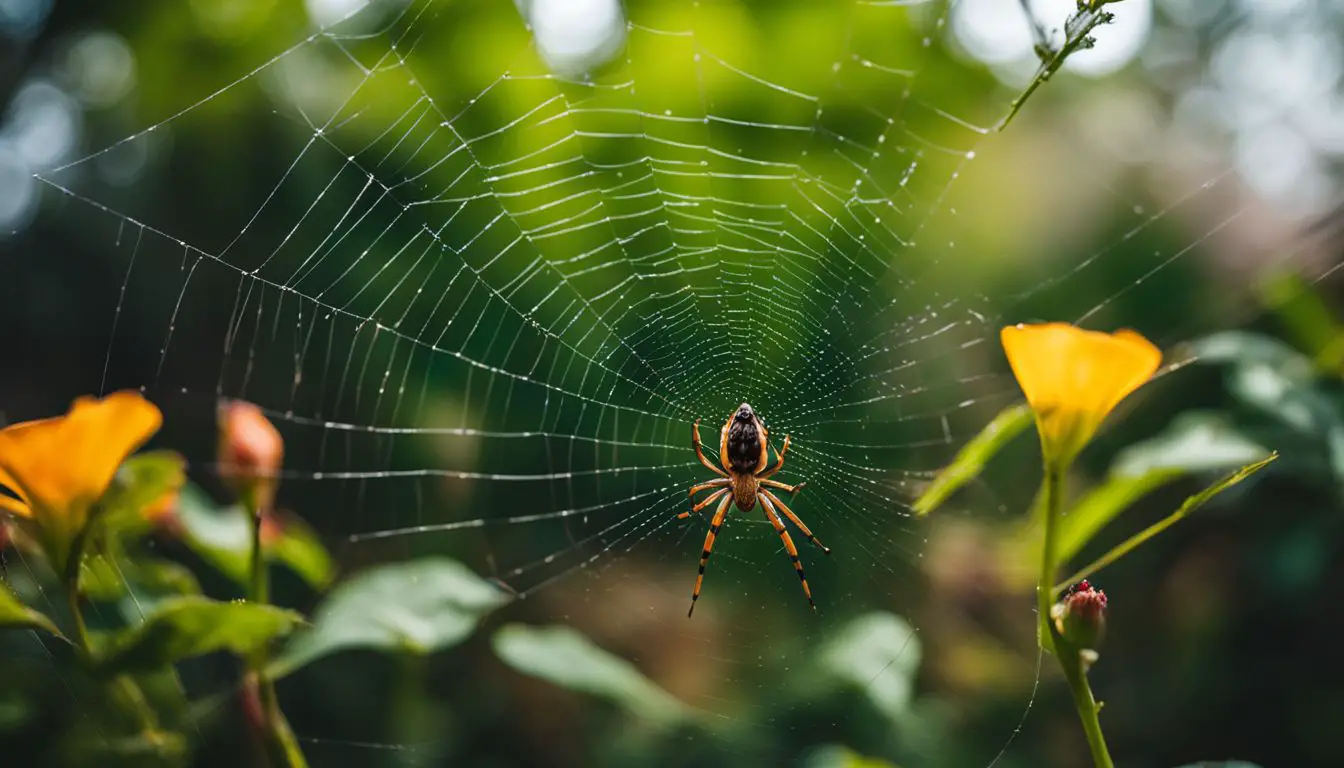 A spider weaves its web in a garden filled with aphid-infested plants.