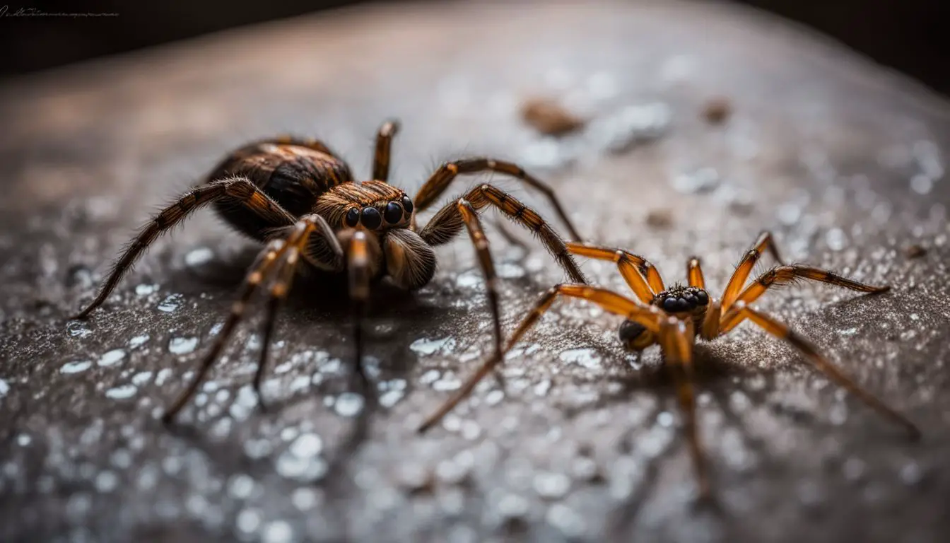 A photo of various spiders crawling on different surfaces at night.