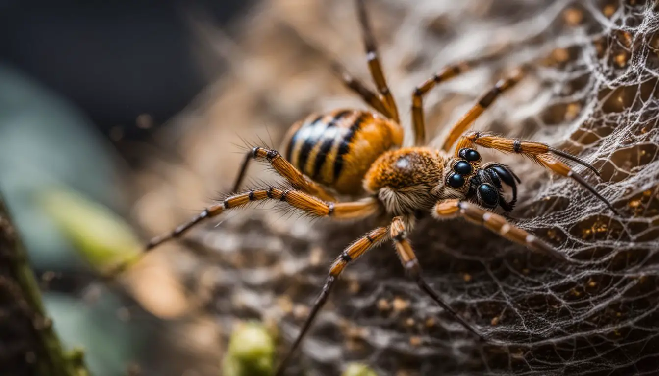 A spider weaves its web near a busy beehive in wildlife photography.