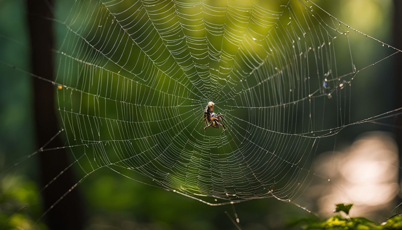 A spider spinning its intricate web in a forest clearing.