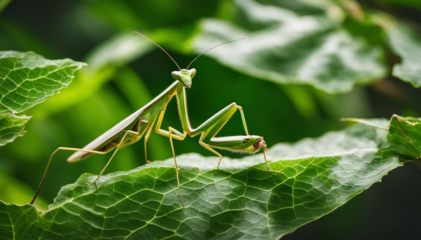 A praying mantis camouflaged on a leaf, ready to ambush its prey.