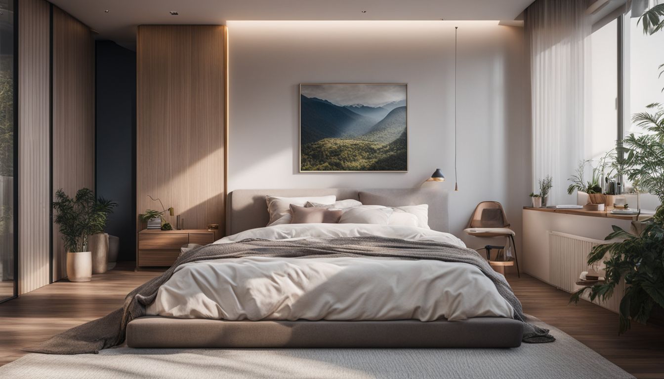 A neatly made bed in a minimalist bedroom with varied faces.
