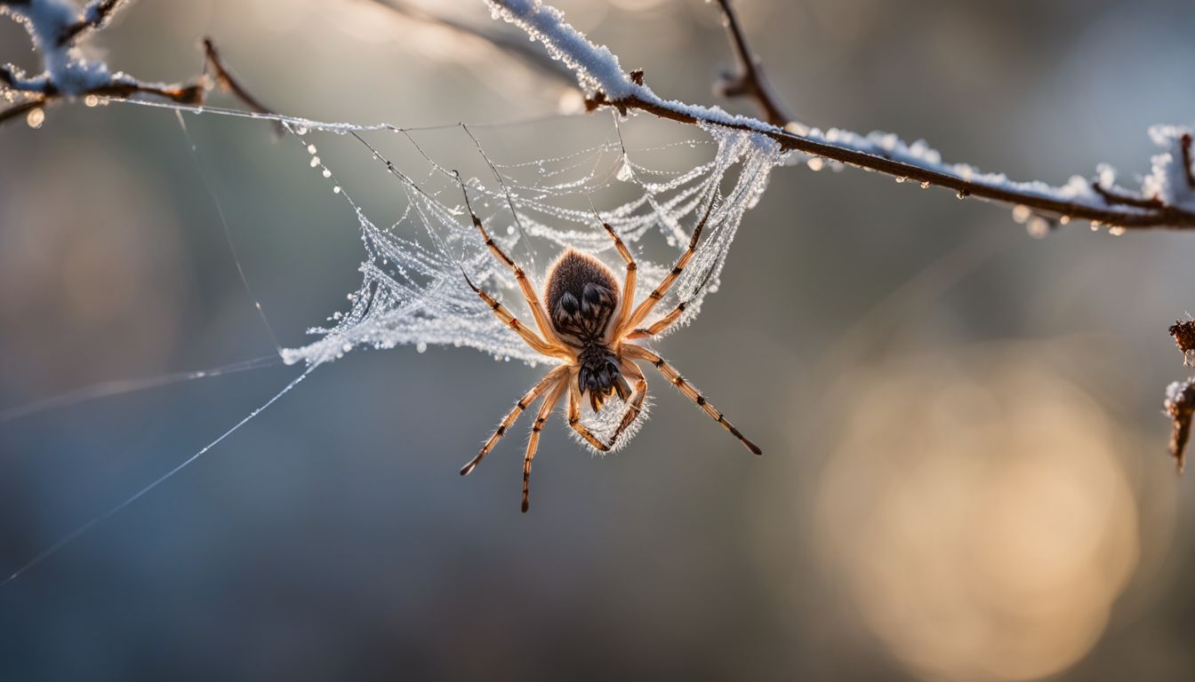 A spider wrapped in silk suspended from a frozen tree branch.