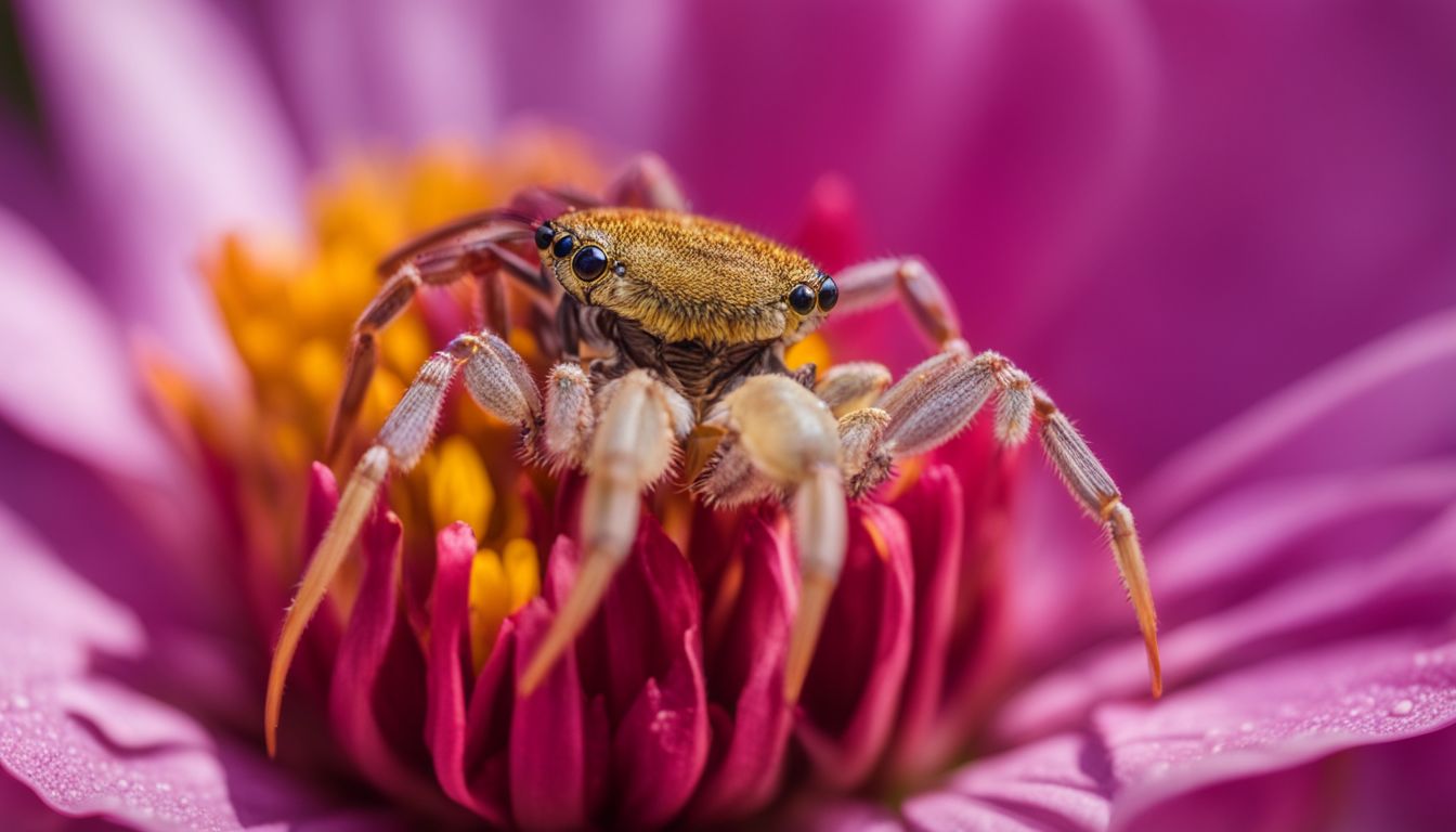 A colorful crab spider perched on a vibrant flower in nature.