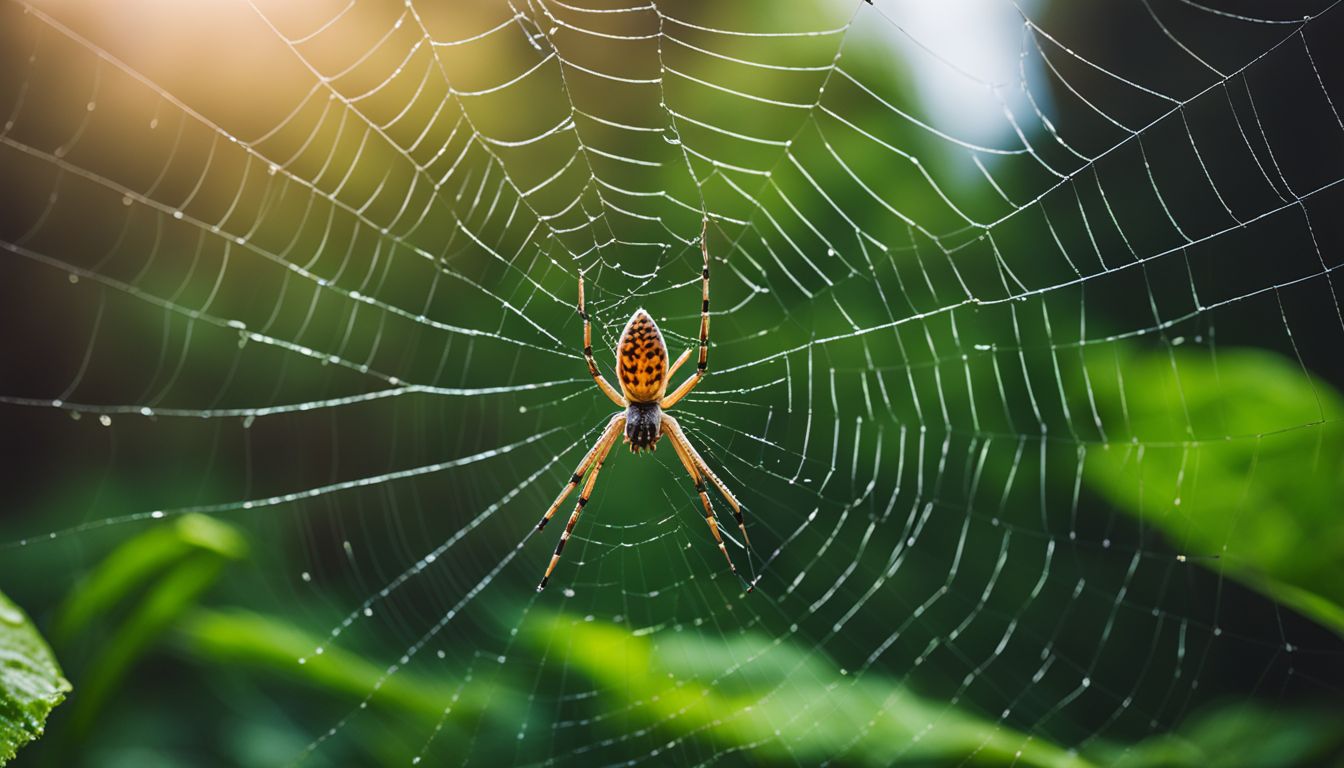 A close-up photo of a spider weaving a web in a lush garden.