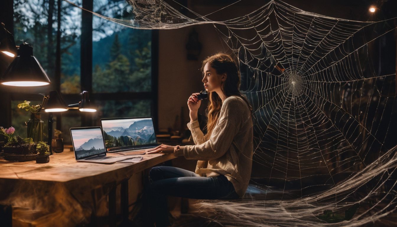 A person surrounded by spider webs in a dimly lit room.